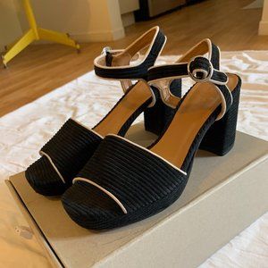 Blue and White Vintage Look Platform Chunky Sandal